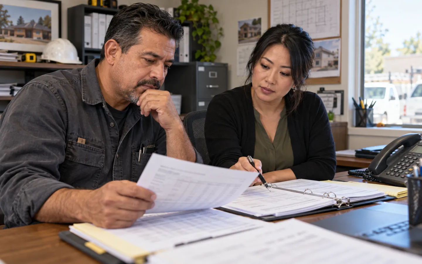 Home-service business owner and office manager reviewing call costs beside a desk phone