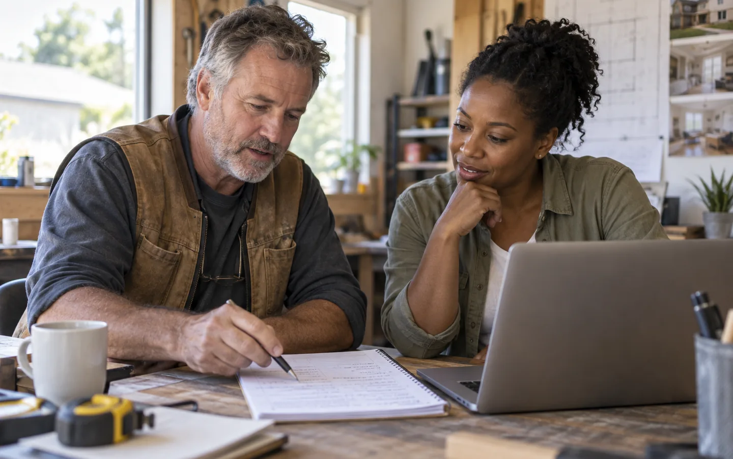 Renovation contractor and office colleague reviewing new job inquiries