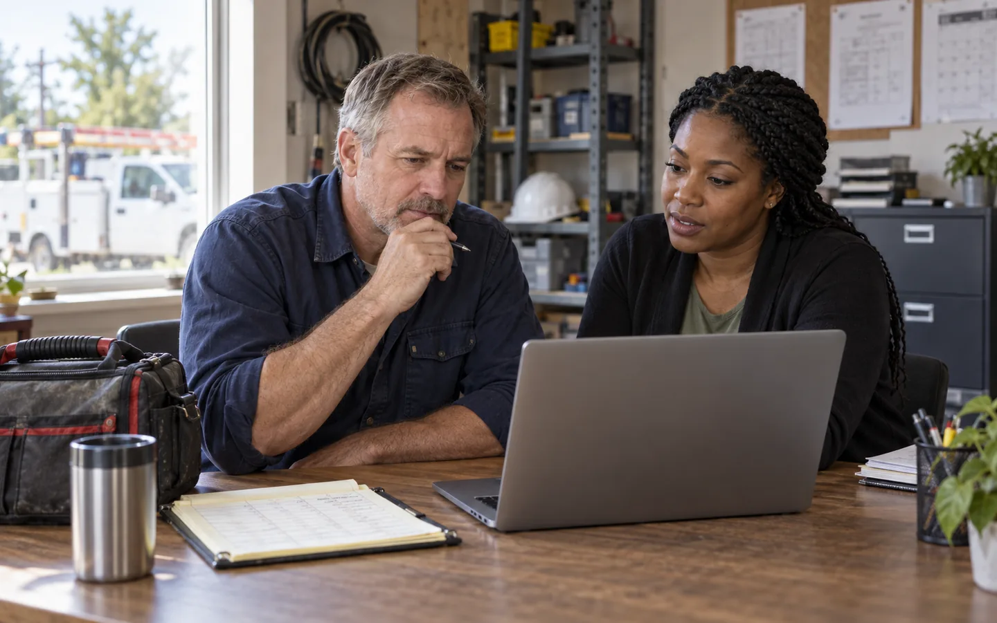 Electrical contractor and office manager reviewing customer information together