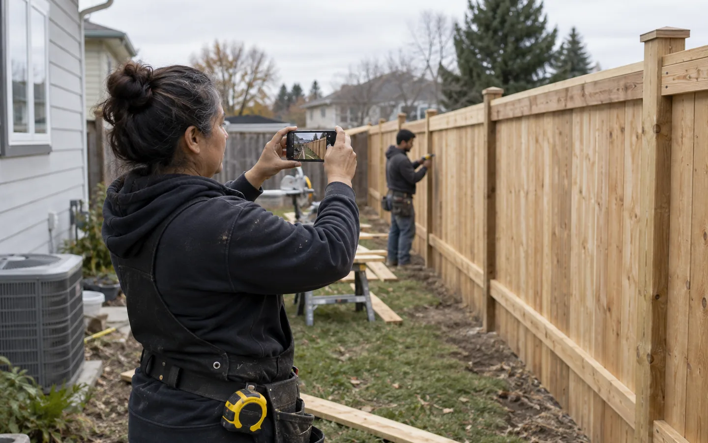 Fence contractor photographing a residential fence project