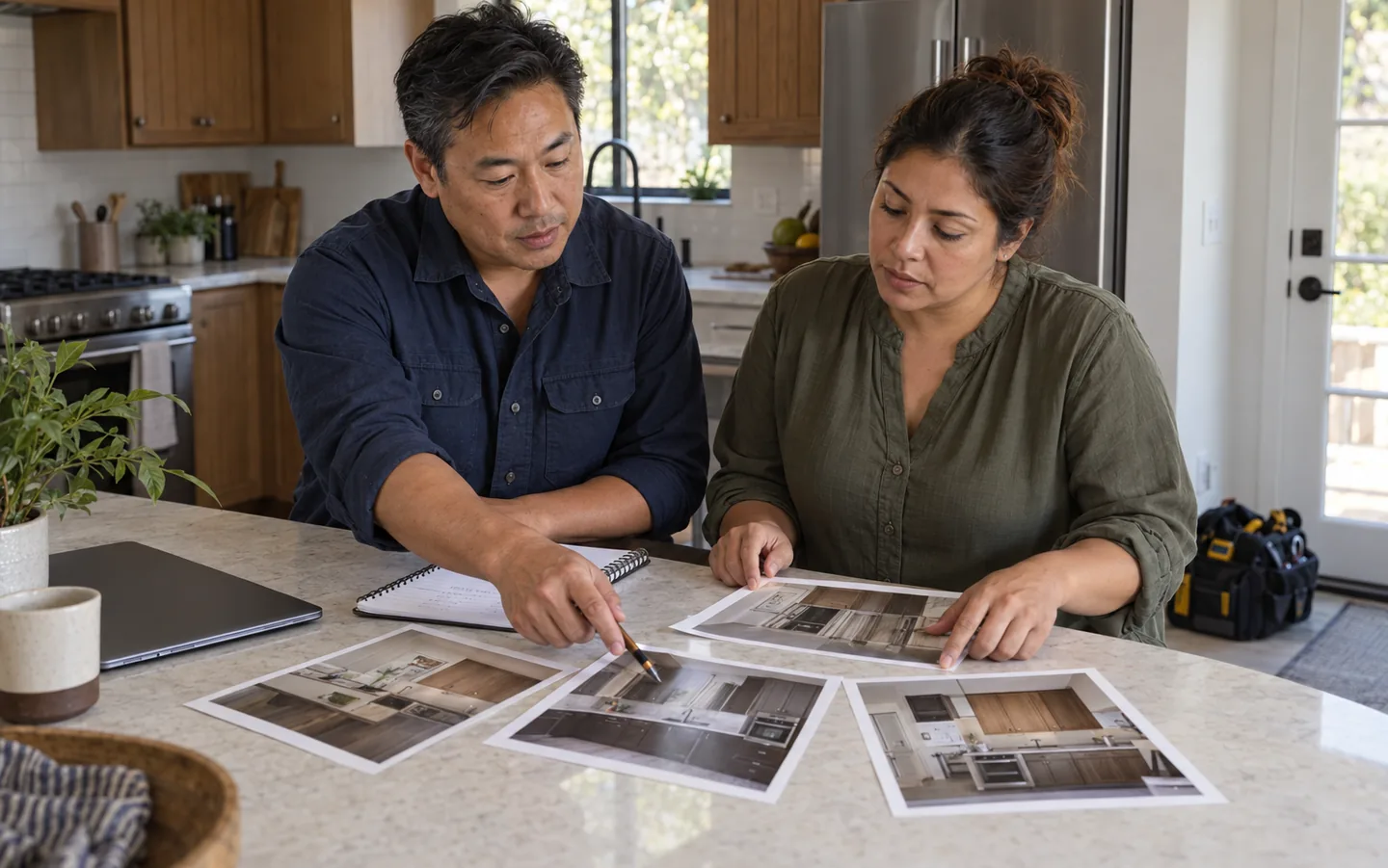 A renovation business owner and colleague selecting project photographs and details for their new website