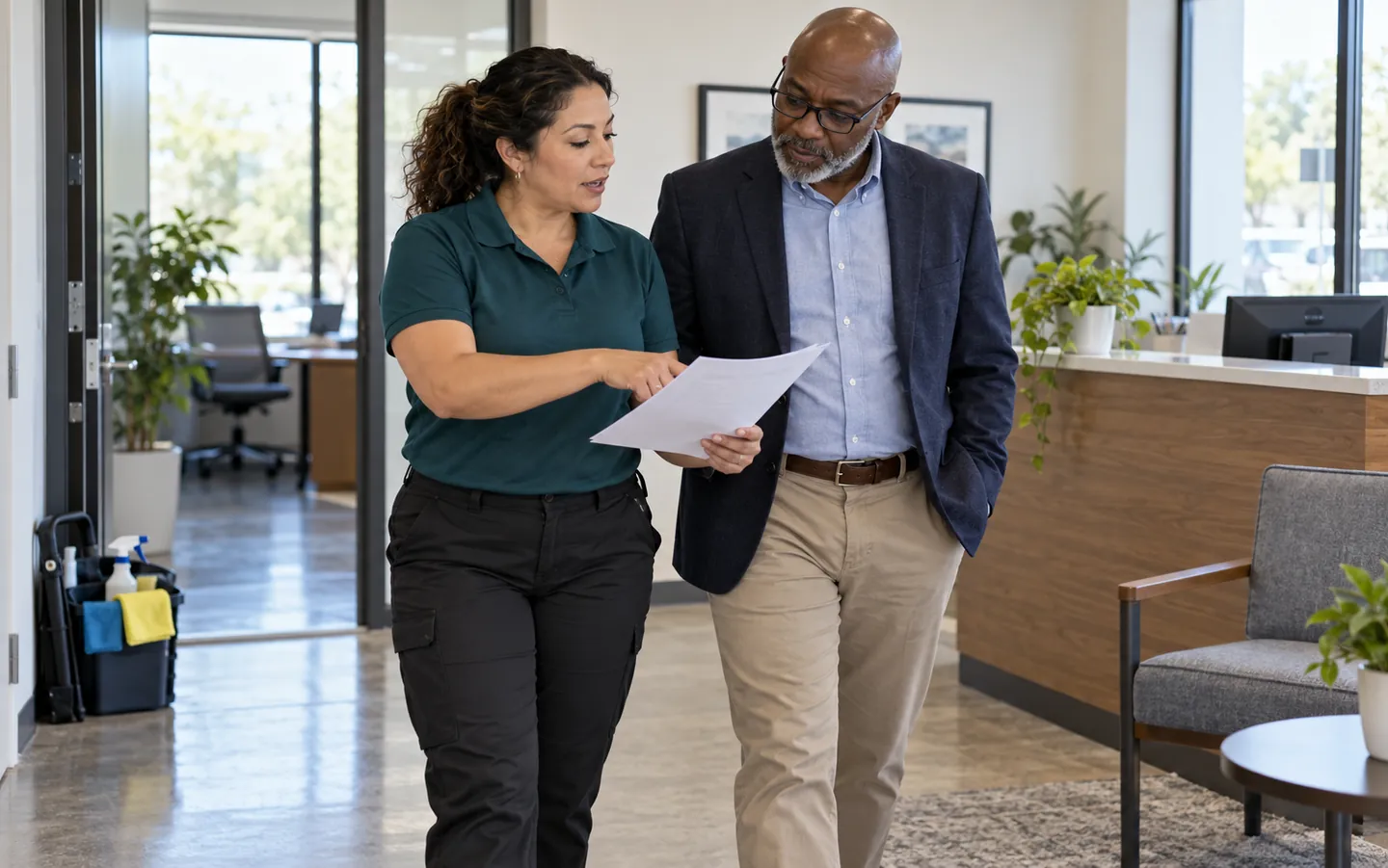 Cleaning business owner reviewing a service scope with a property manager during an office walkthrough
