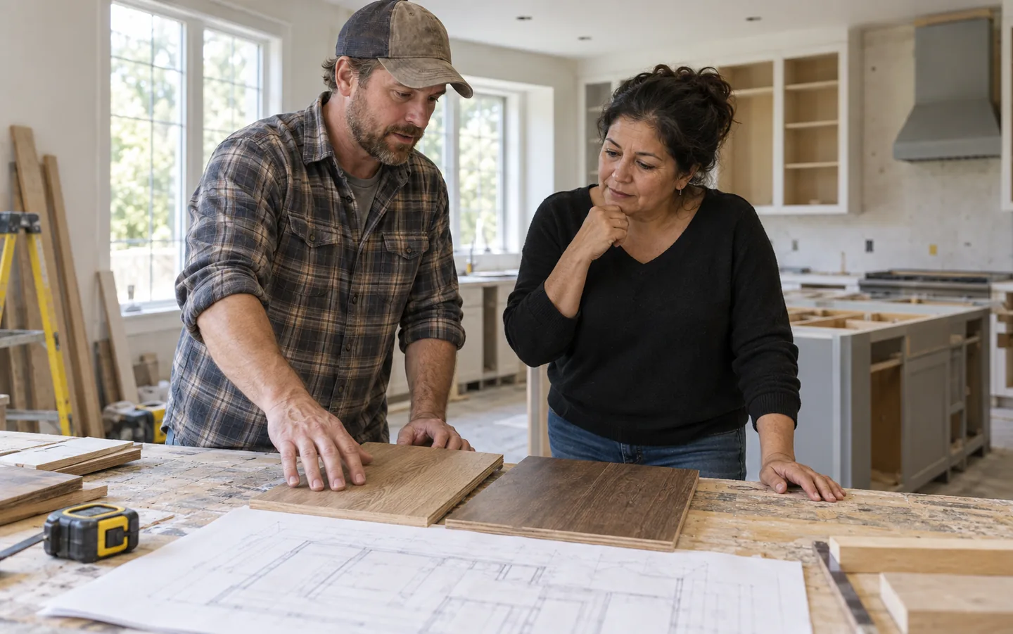 Renovation contractor and homeowner comparing flooring samples during a kitchen project