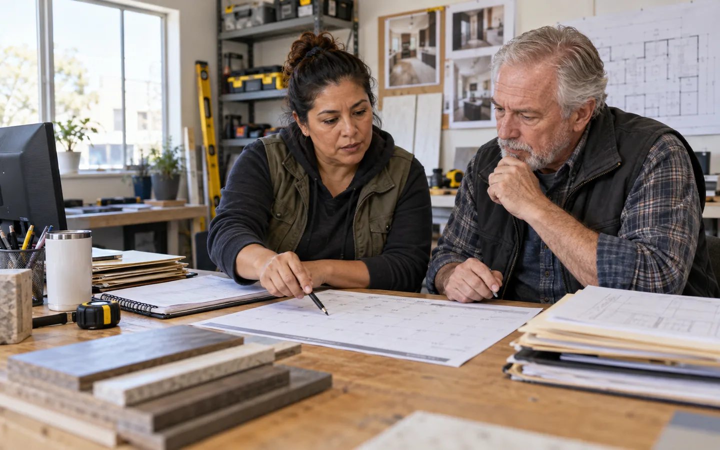 Two home-renovation business owners discussing a work calendar and project paperwork