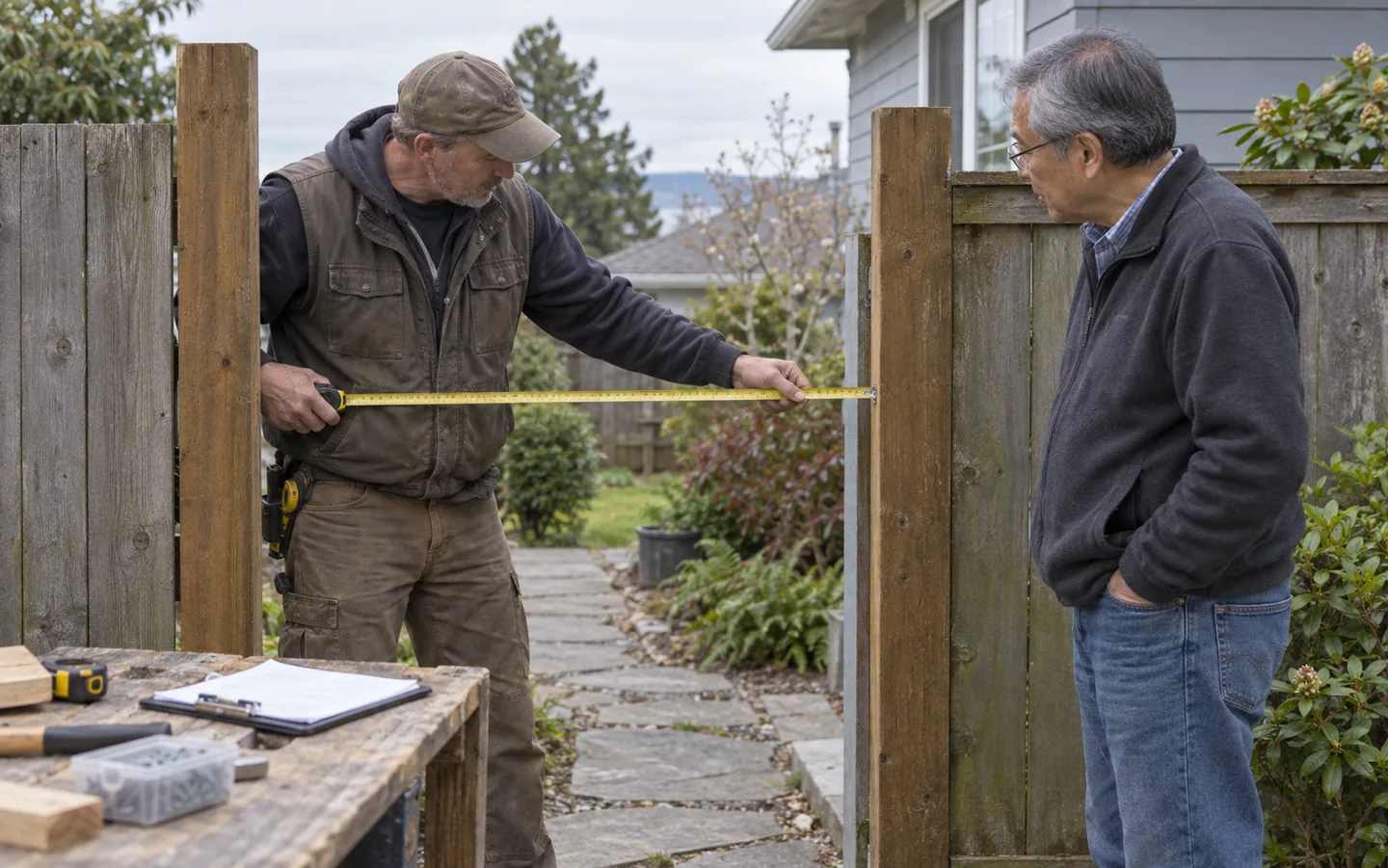 Carpentry contractor measuring a gate opening while the homeowner discusses the project