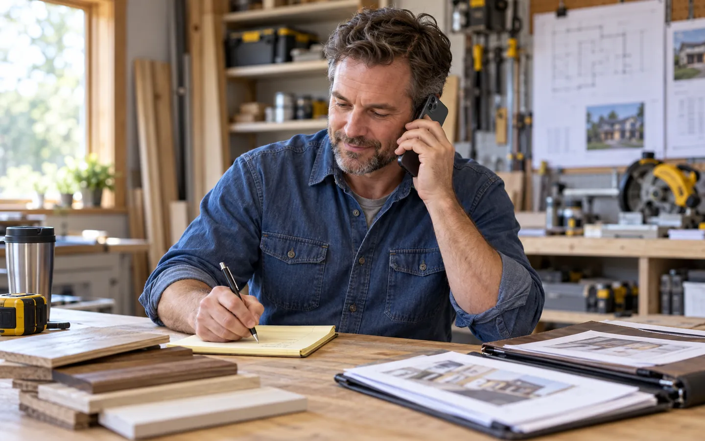 Remodeling contractor taking a customer call and writing notes at a workshop bench
