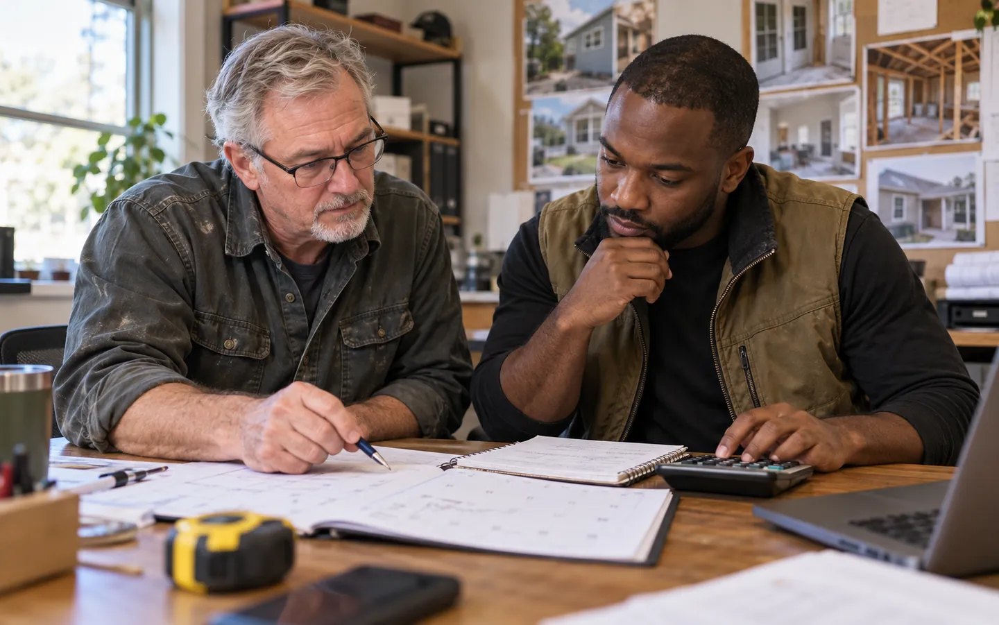 Two contractor business owners reviewing a calendar, notebook, and calculator in their office