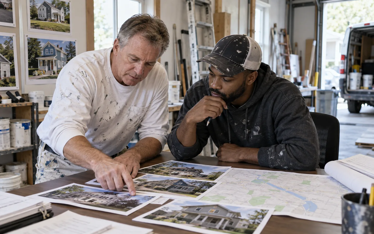 Two painting-business colleagues discussing completed projects and their local service area
