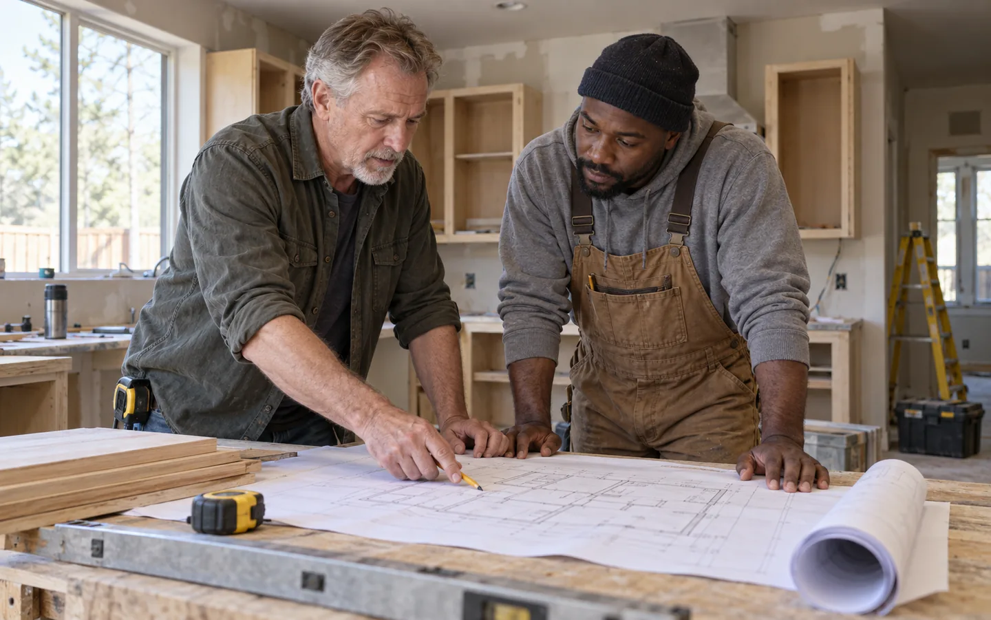 Renovation contractor and site foreman reviewing a kitchen plan on a workbench