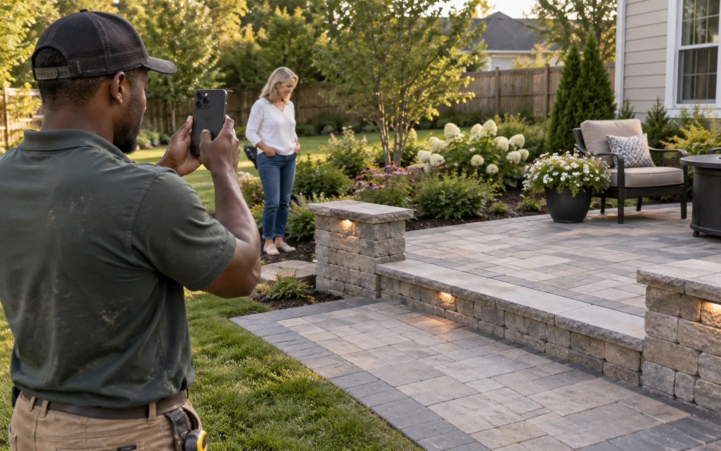 Landscape contractor photographing a finished patio while a homeowner looks over the garden