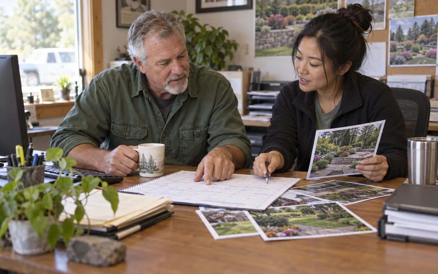 Landscaping business colleagues reviewing past project photographs and customer plans