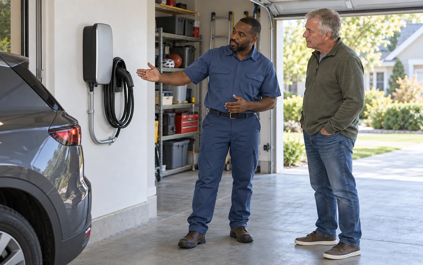 Electrician discussing a wall-mounted EV charger with a homeowner in his garage