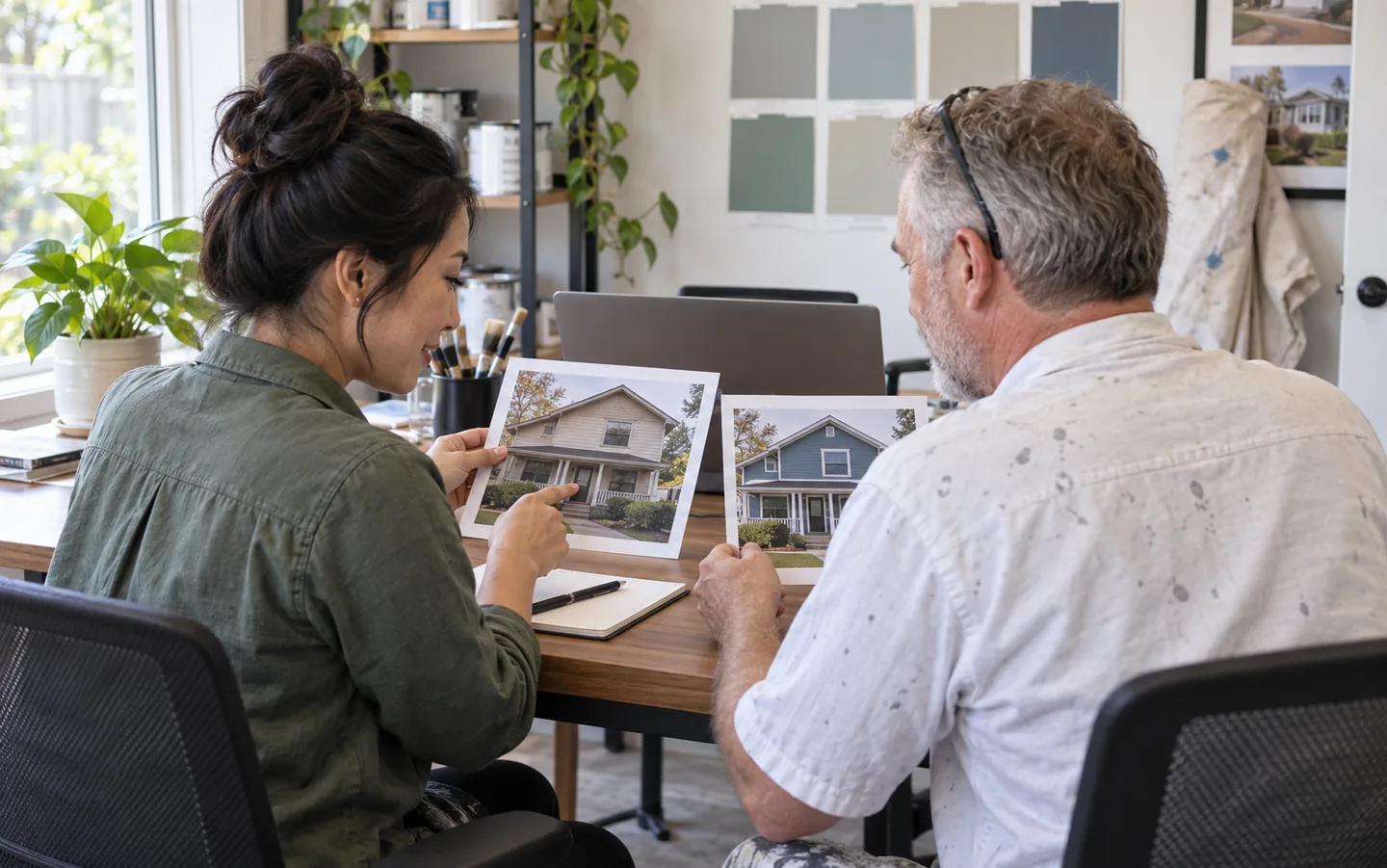 Painting-business owner and colleague selecting project photographs for marketing
