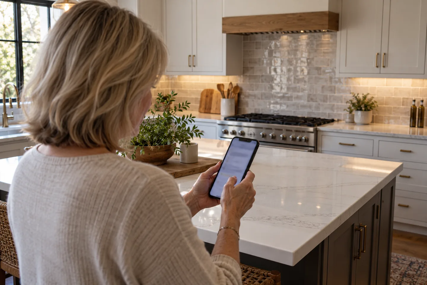 Homeowner checking her phone in a newly completed kitchen