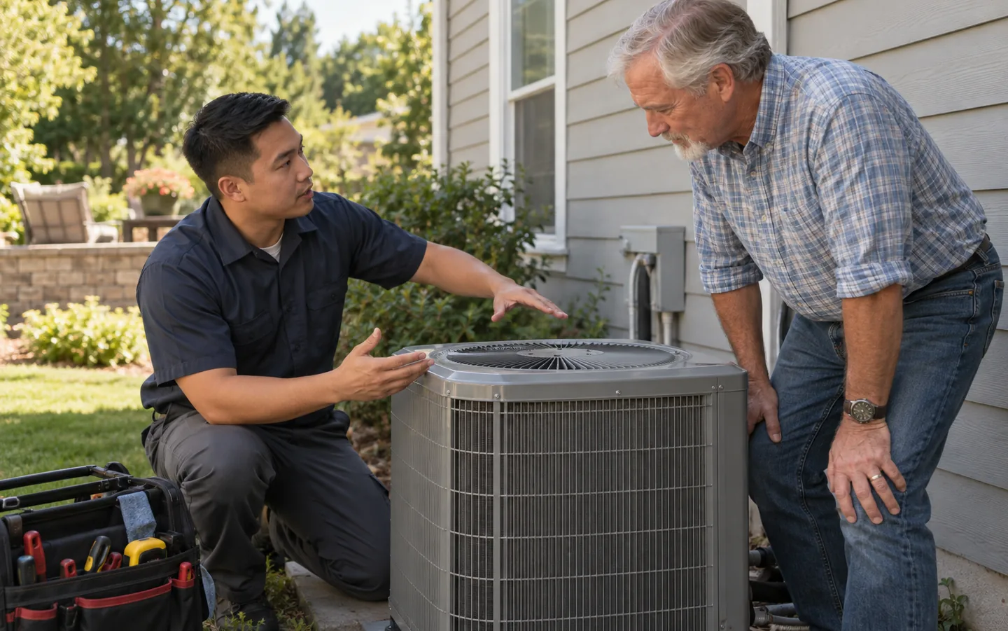 HVAC technician discussing an outdoor air conditioning unit with a homeowner