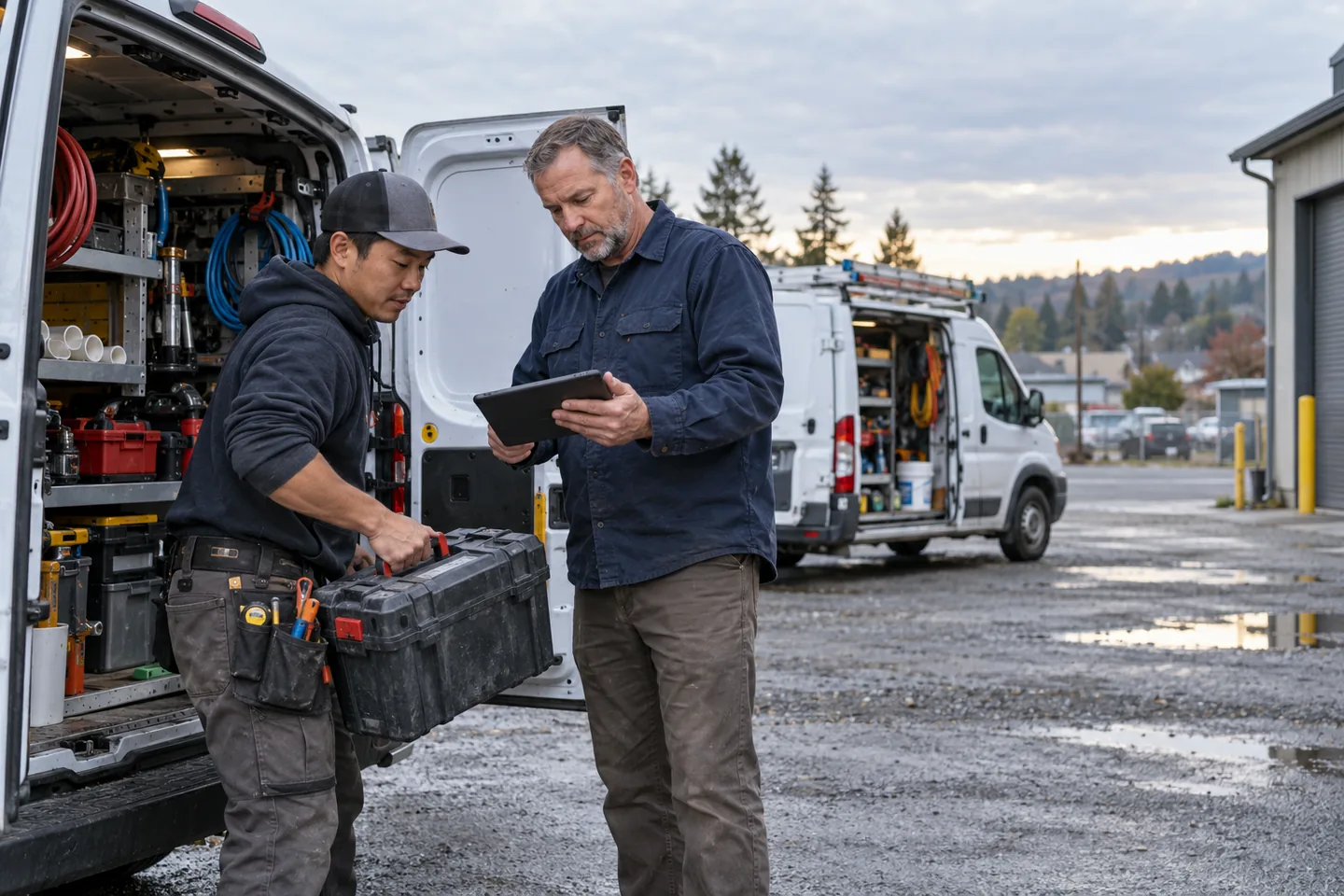 Plumbing contractor coordinating the morning's service visits with a technician beside their vans