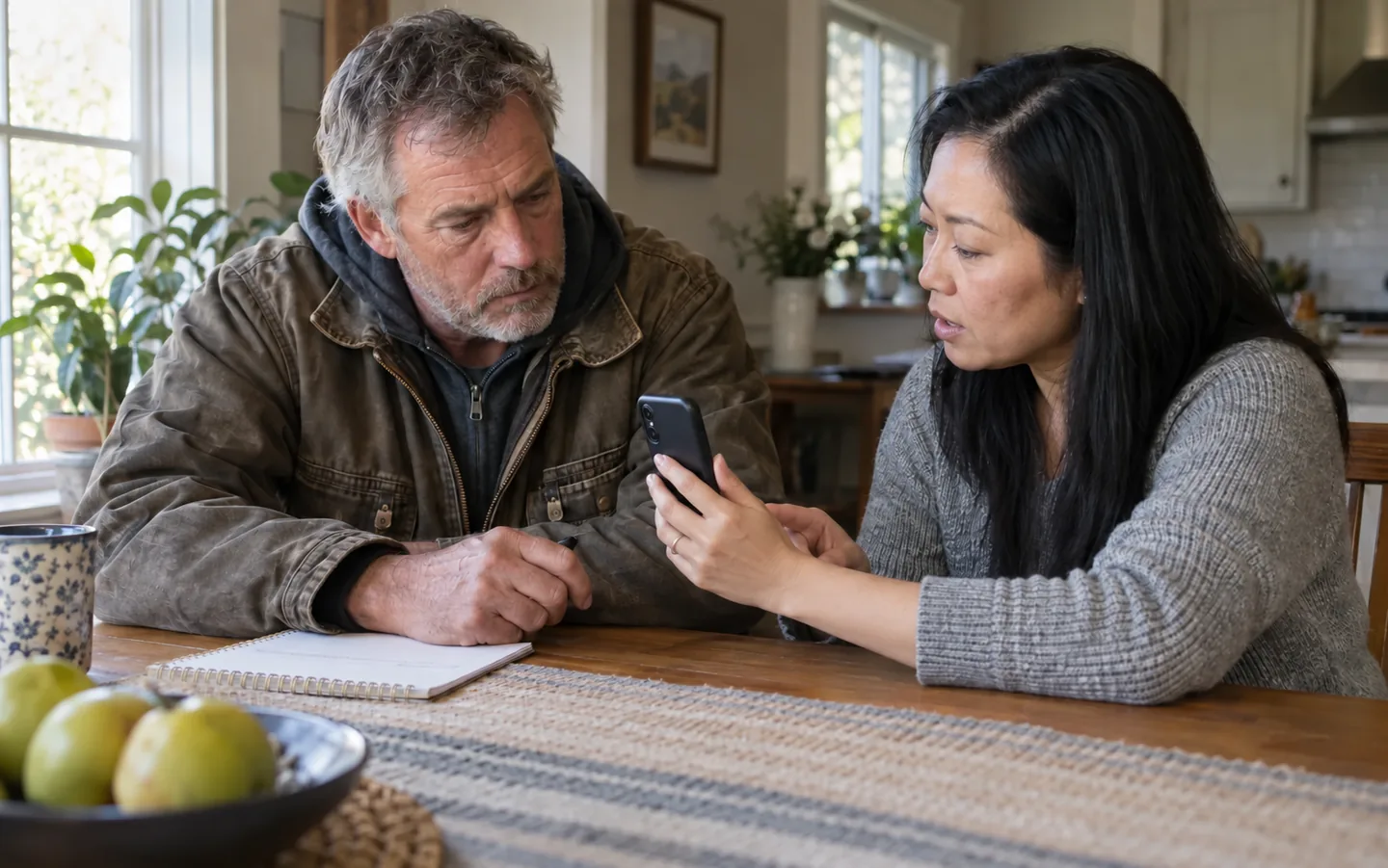 Roofing contractor listening while a homeowner shows a project photograph