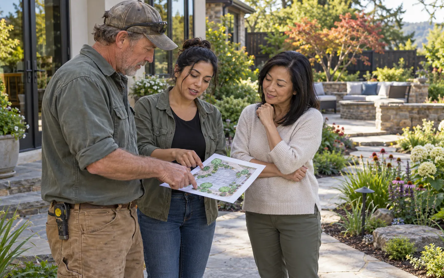 Landscaping owner and designer discussing a garden plan with a homeowner beside a patio