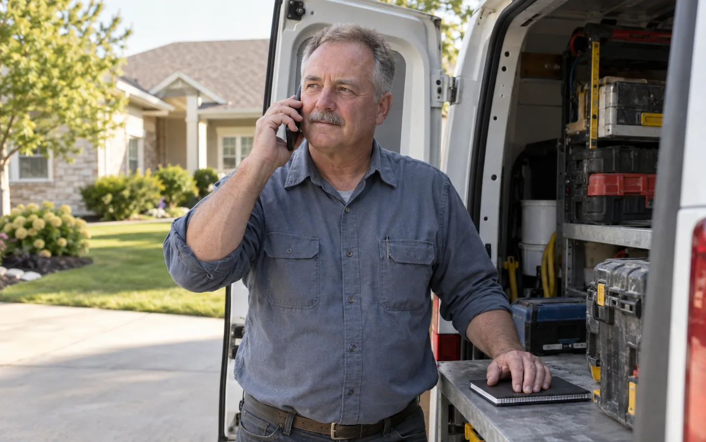 An experienced plumber taking a customer call beside his service van after a residential visit