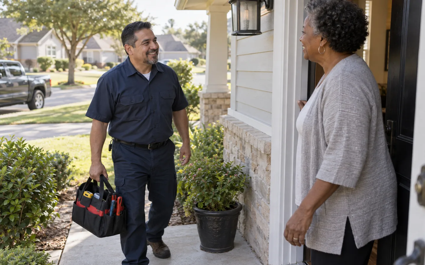 Plumber arriving at a homeowner’s property for a service visit