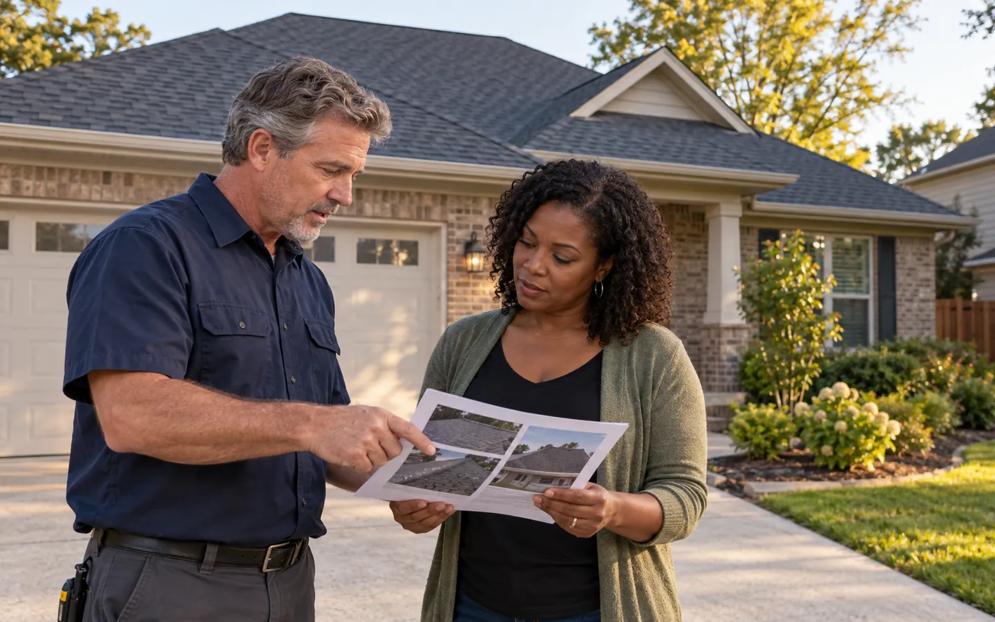 Roofing contractor discussing a roof assessment with a homeowner in her driveway