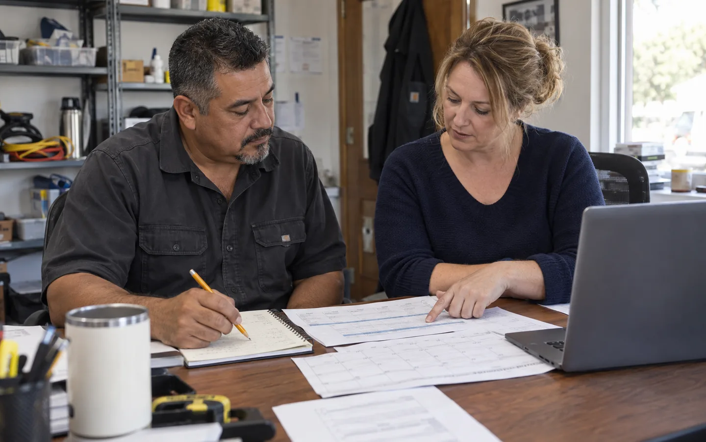 An electrical contractor and an office manager reviewing their work calendar and marketing budget
