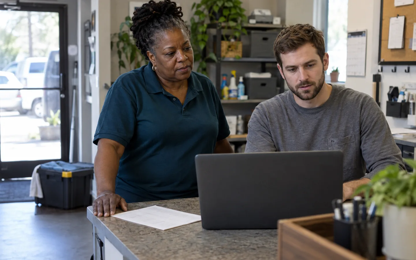 A small service business owner and coordinator reviewing a customer's next appointment together