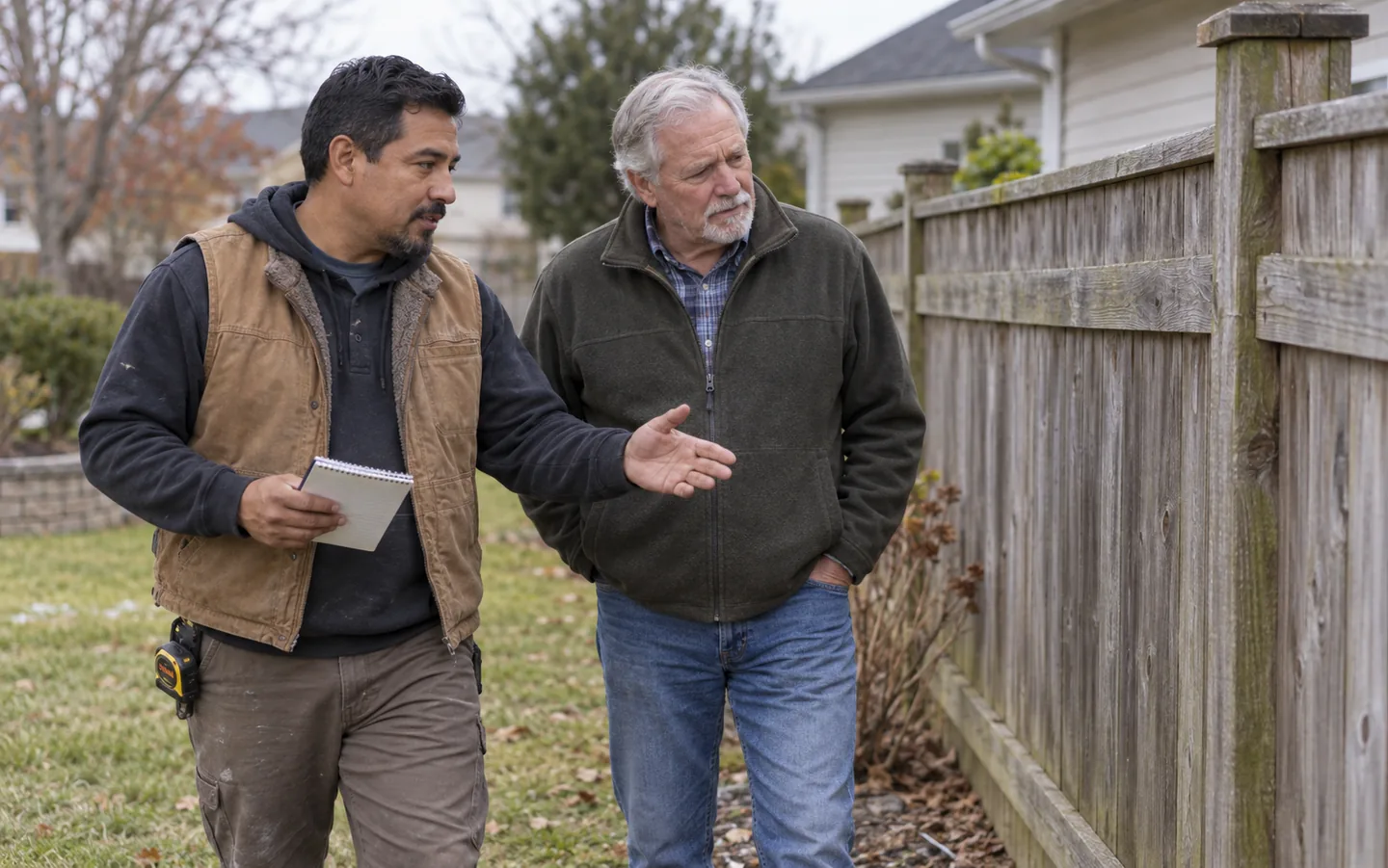 Fence contractor discussing a repair with a homeowner beside an existing timber fence