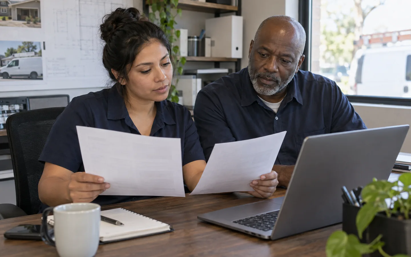 Two home-service business owners reviewing website proposals in their office