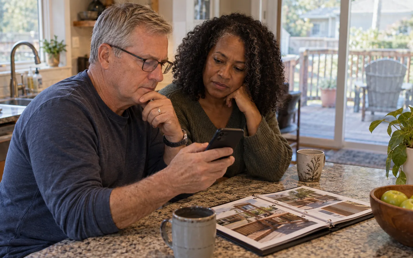Two homeowners comparing a service company's website while planning a home project