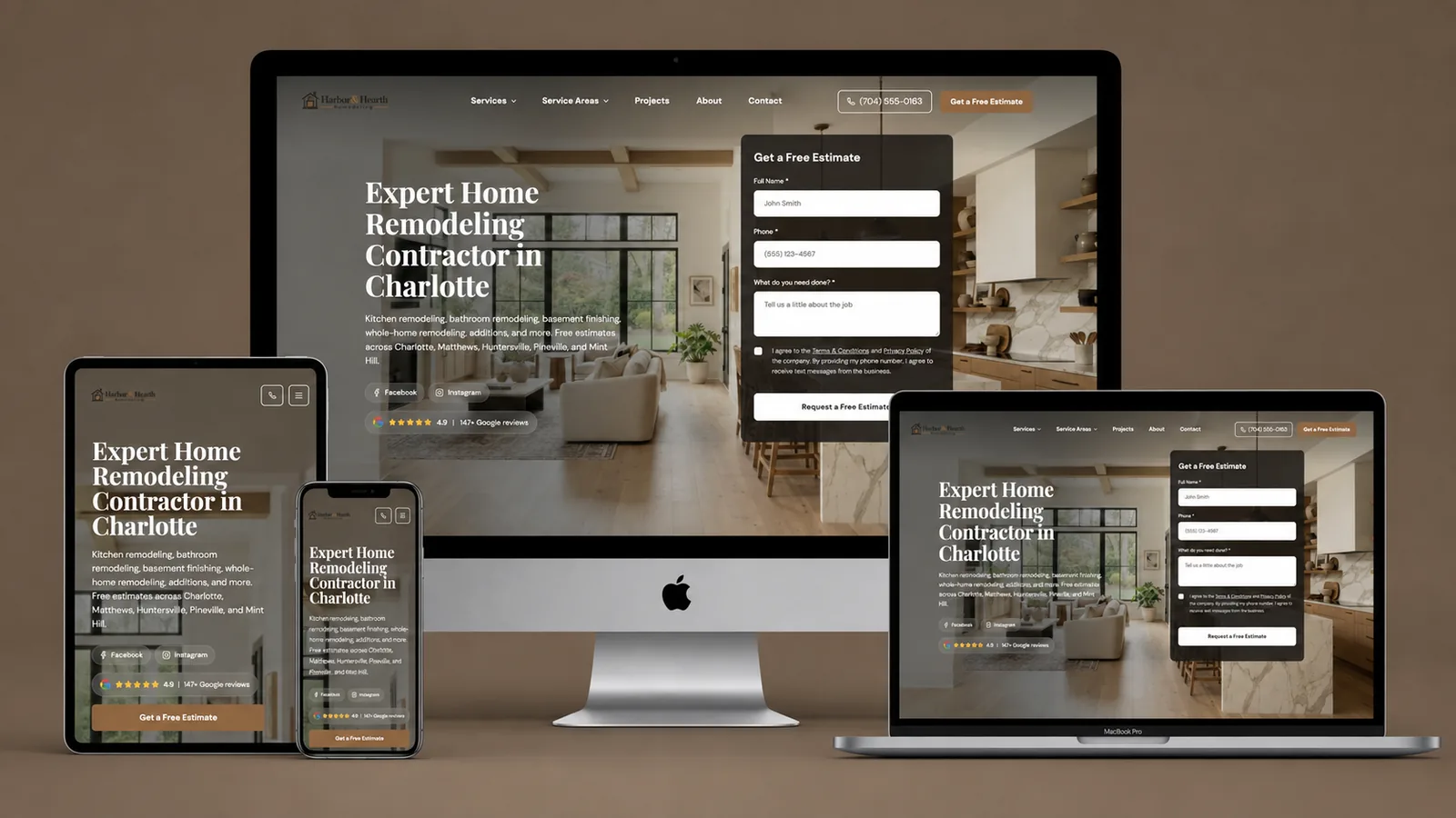 Harbor and Hearth Remodeling website shown across desktop, laptop, tablet, and phone