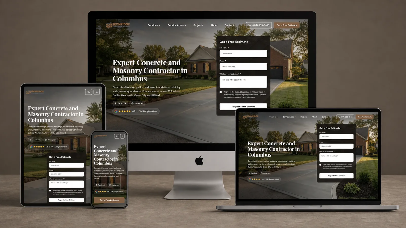 Ironridge Concrete and Masonry website shown across desktop, laptop, tablet, and phone