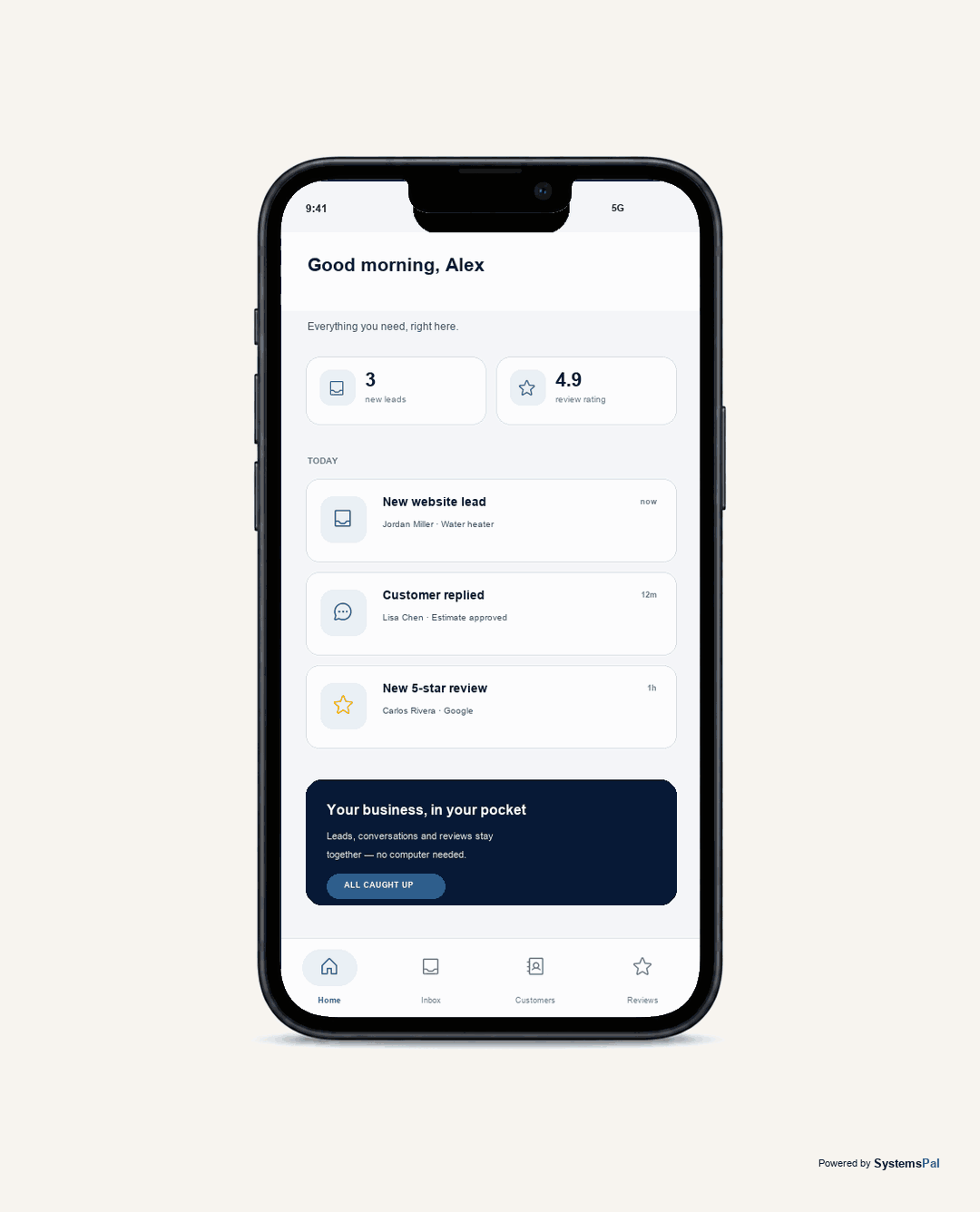 The SystemsPal phone app receives a new lead, sends a customer reply, saves the contact and shows a new five-star review