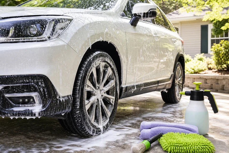 Foam-covered vehicle and colorful professional detailing tools