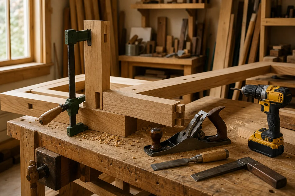 Oak joinery project and professional carpentry tools on a workbench
