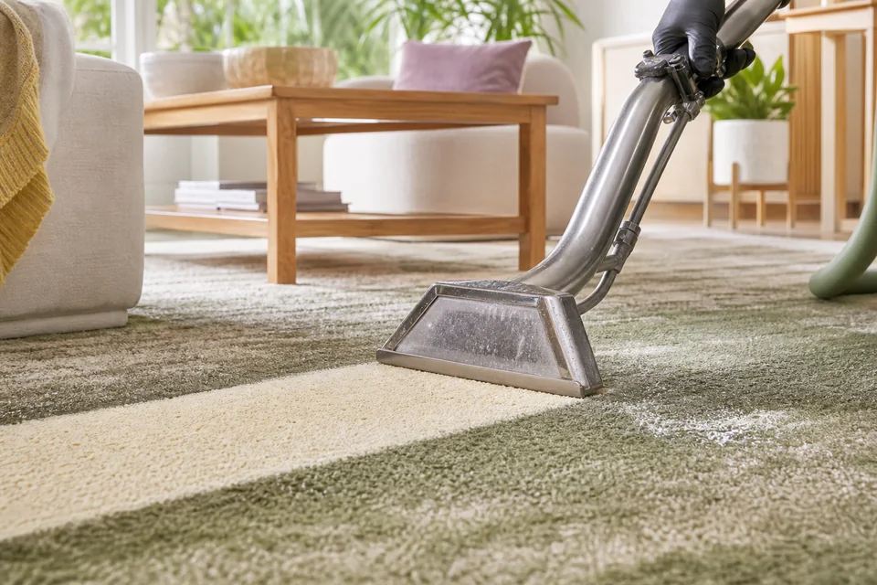 Professional extraction wand cleaning a green and cream carpet