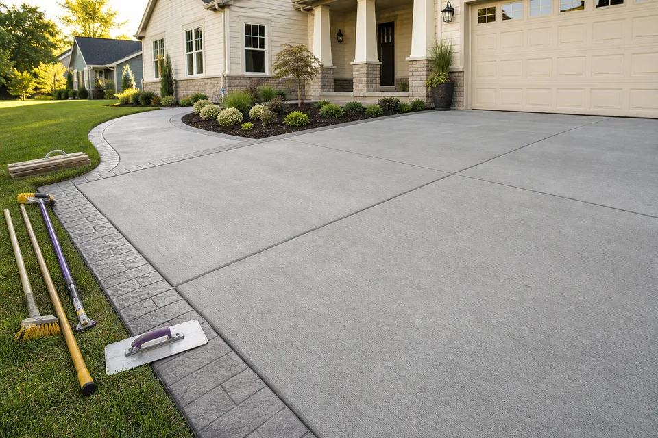 Newly finished concrete driveway and walkway with professional tools