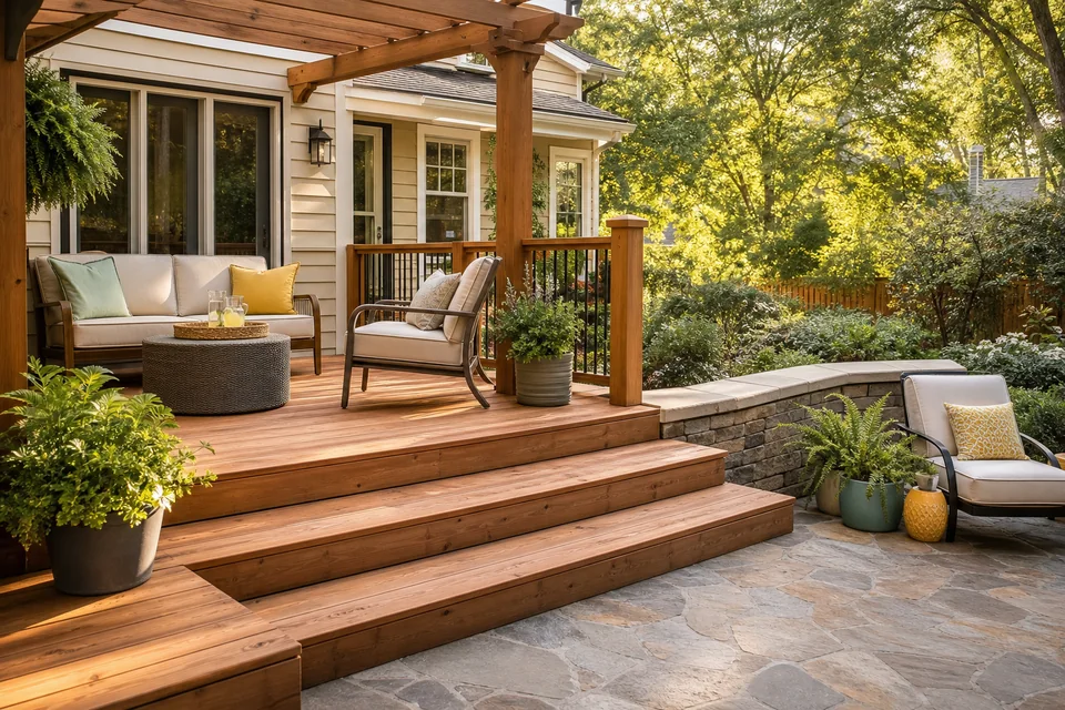 Finished cedar deck and stone patio in a green backyard