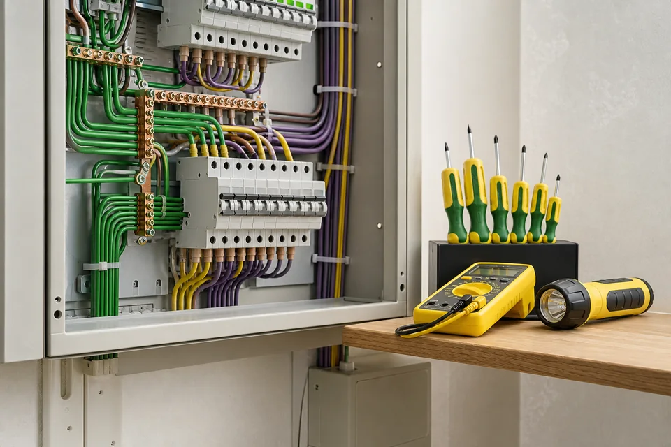 Modern electrical panel with colorful wiring and professional testing tools