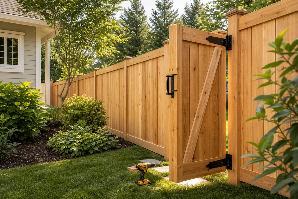 Completed cedar privacy fence and gate with professional tools