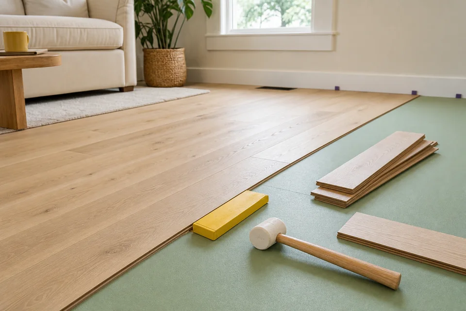 Light oak flooring installation with sage underlayment and tools