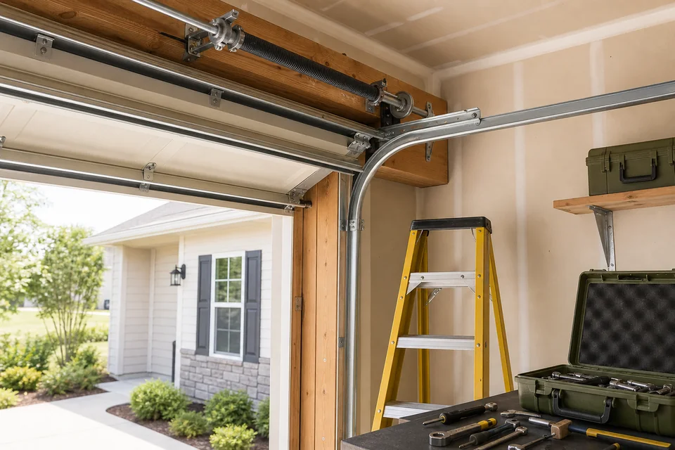 Residential garage door track, spring, ladder, and service tools
