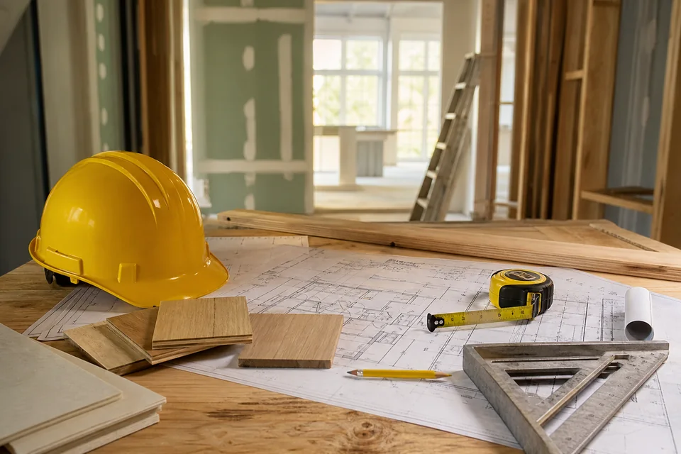 General contractor plans, tools, materials, and safety equipment