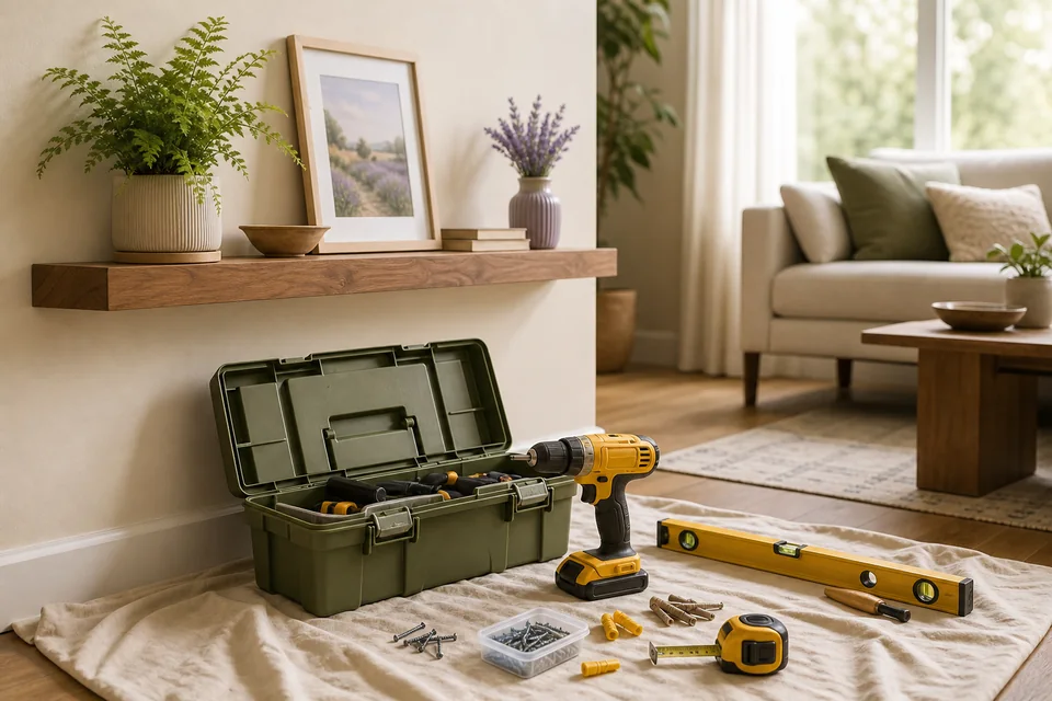 Handyman toolbox and tools beneath a newly installed wood shelf