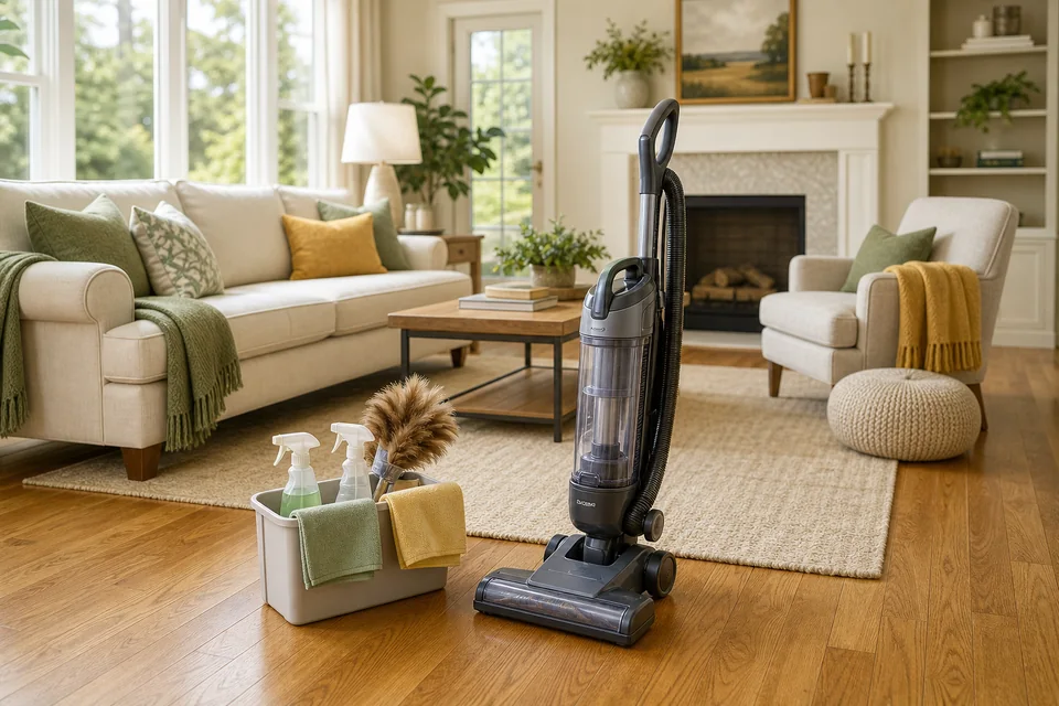 Professional vacuum and cleaning supplies in a freshly cleaned living room