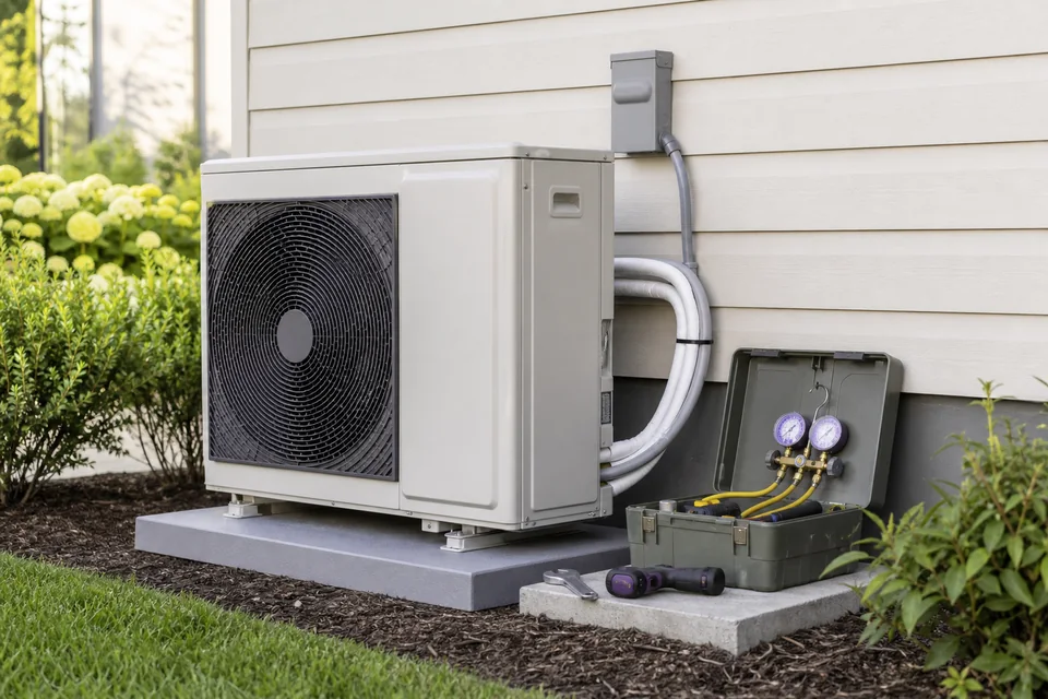 Modern residential heat pump with professional service gauges and tools