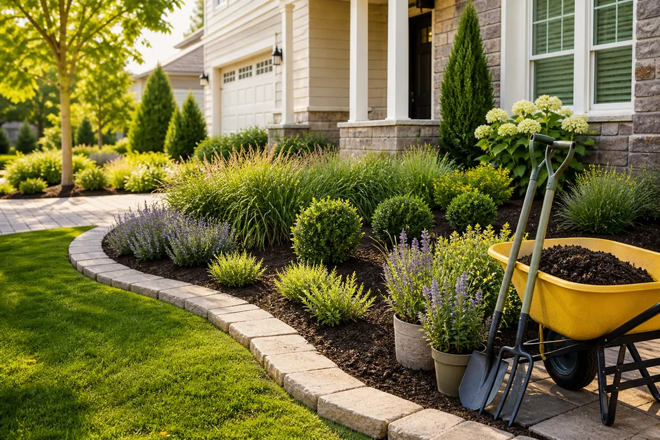 Freshly completed residential landscaping with curved stone edging and professional tools