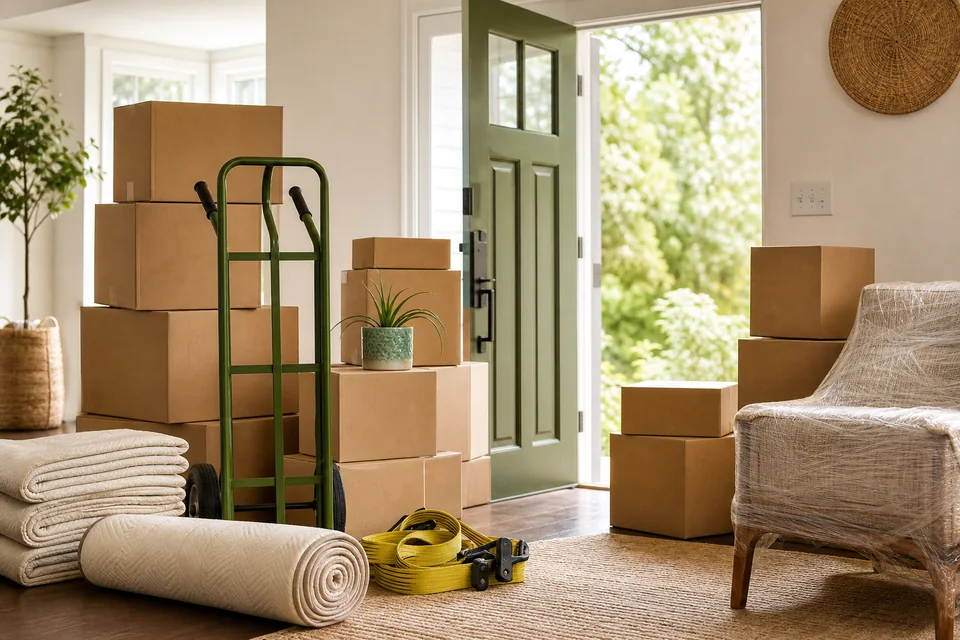 Moving boxes, blankets, a hand truck, and wrapped furniture ready for a home move