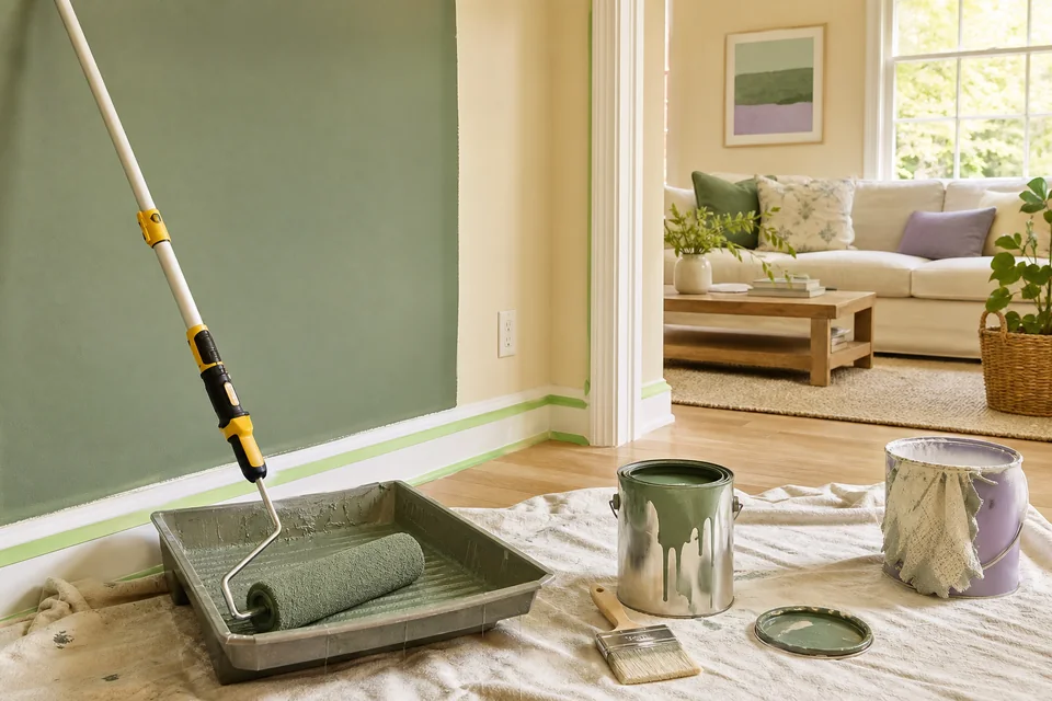 Professional painting tools beside a freshly painted sage wall