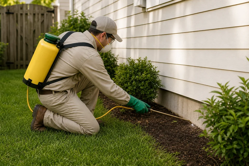 Pest control technician treating a home exterior in khaki and green safety gear